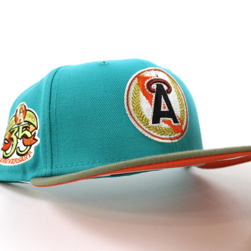 California Angels 35TH Anniversary New Era 59Fifty Fitted Hat (TEAL BREEZE GREEN BARK ORANGE UNDER BRIM) 7