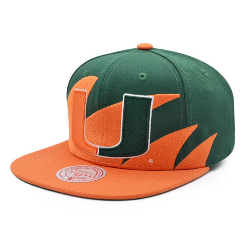 Miami Hurricanes NCAA Mitchell & Ness SHARKTOOTH Snapback Hat – Orange/Green