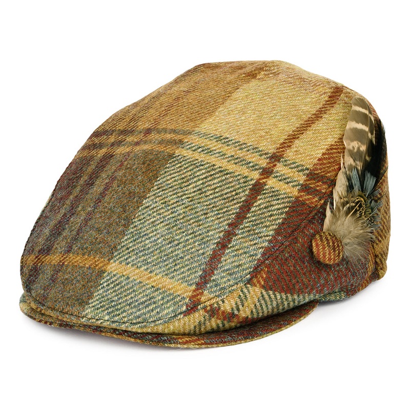 Failsworth Hats British Wool Tartan Feather Flat Cap – Mustard-Brown-Wine Small/Medium