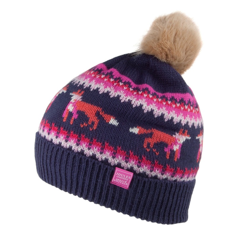 Joules Kids Fair Isle Foxes Knitted Bobble Hat – Navy-Pink Kids Small/Medium