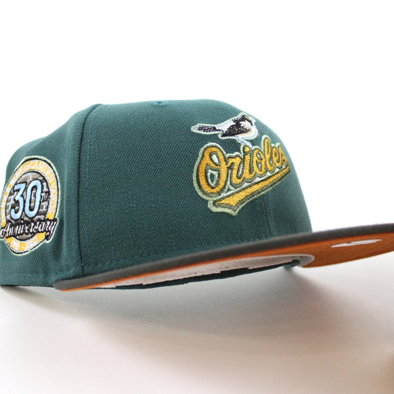 Baltimore Orioles 30TH ANNIVERSARY 59Fifty New Era Fitted Hat (Glow in the Dark Pine Green Pewter Flight Orange Under Brim) 7