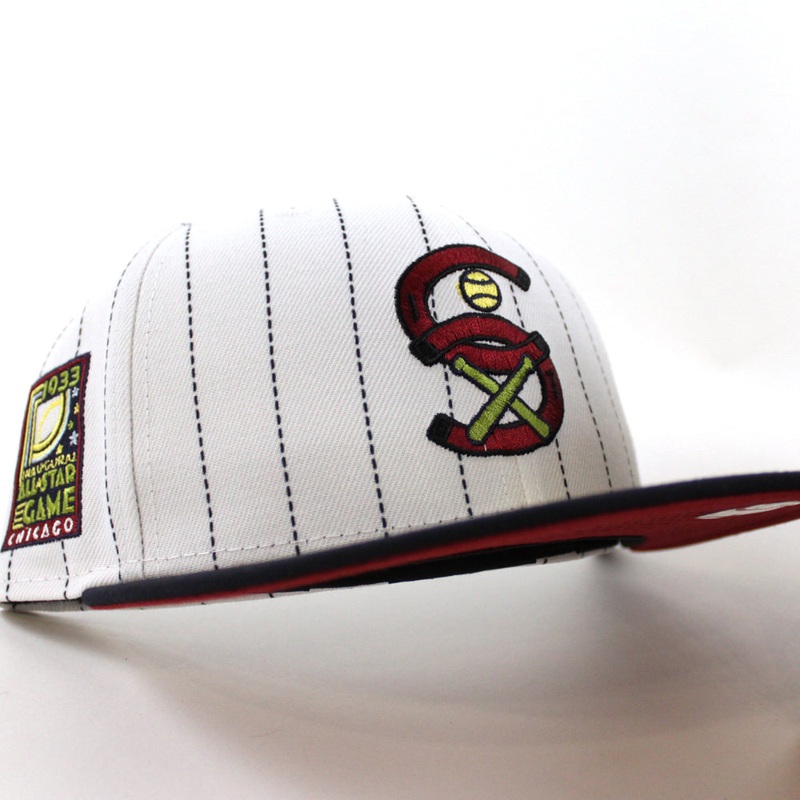 Chicago White Sox 1933 All Star Game New Era Fitted 59Fifty Hat (Pinstripe Navy Pinot Red Under Brim) 7