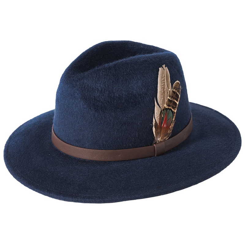 Failsworth Hats Cheltenham Showerproof Wool Felt Fedora Hat – Navy Blue Adjustable
