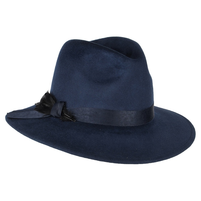 Failsworth Hats Showerproof Wool Felt Fedora Hat With Feather – Navy Blue Small/Medium