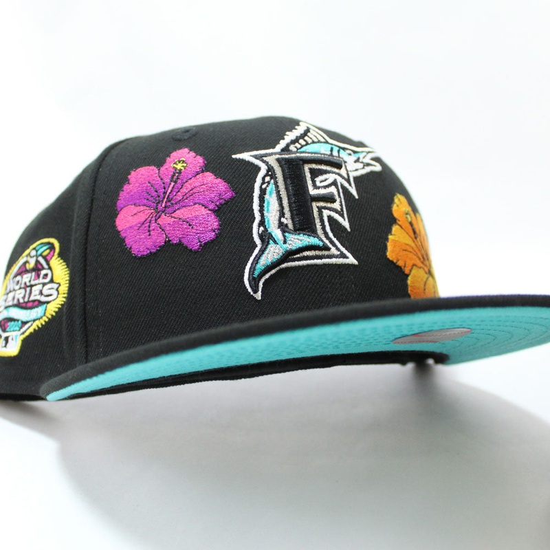 Florida Marlins Flowers 2003 World Series New Era 59Fifty Fitted Hat (Black Teal Under brim) 6 7/8