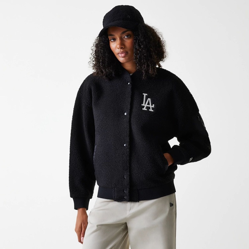 LA Dodgers Womens MLB Black Oversized Sherpa Bomber Jacket XS