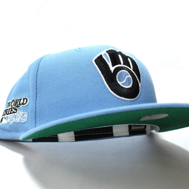 Milwaukee Brewers 1982 World Series New Era 59Fifty Fitted Hat (Sky Blue Black Glow in the Dark Logo Green Under Brim) 7