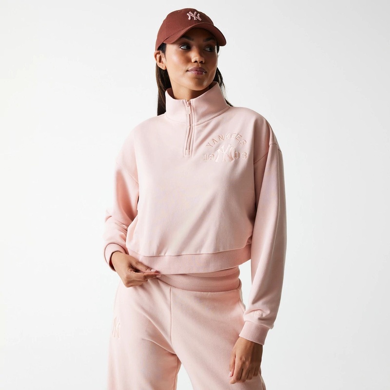 New York Yankees Womens MLB Tonal Pastel Pink Cropped 1/4 Zip Sweater XS