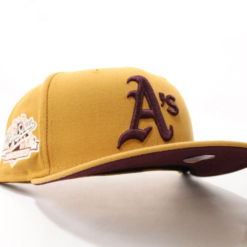 Oakland Athletics 1989 World Series New Era 59Fifty Fitted Hat (Glow in the Dark Tan Maroon Under Brim) 7