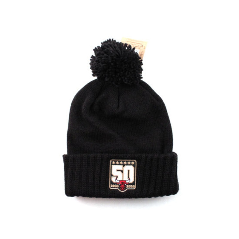 Chicago Bulls Mitchell and Ness Pom Beanies (50th Year Anniversary 1966-2016 Black) One Size