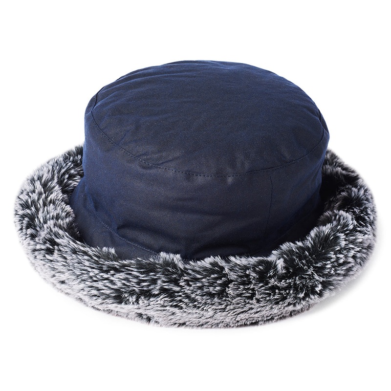 Failsworth Hats British Waxed Cotton Faux Fur Trim Bucket Hat – Navy Blue 1-Size