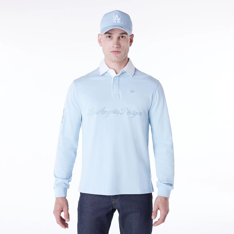 LA Dodgers MLB Script Pastel Blue Long Sleeve Polo XS