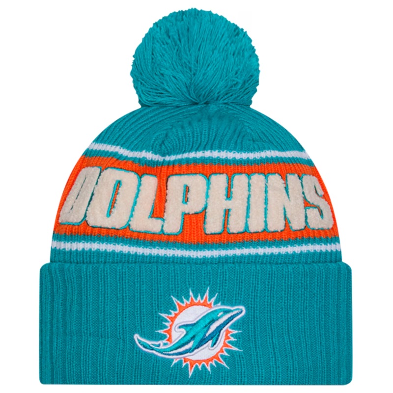 Miami Dolpins New Era 2024 NFL Sideline Sport Cuffed Pom Knit Hat – Aqua/Orange
