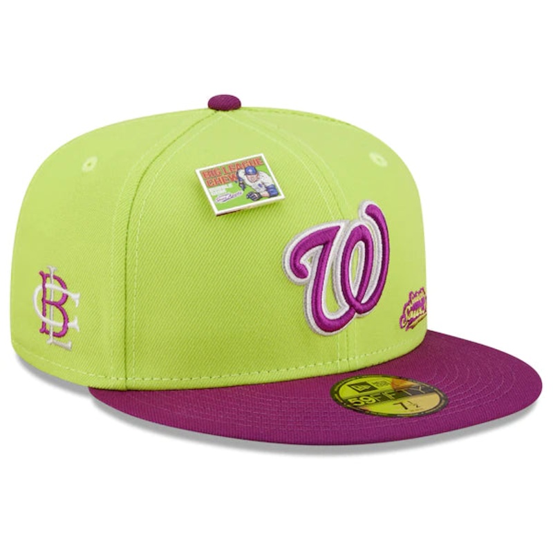 New Era MLB x Big League Chew  Washington Nationals Swingin’ Sour Apple Flavor Pack 59FIFTY Fitted Hat – Green/Purple