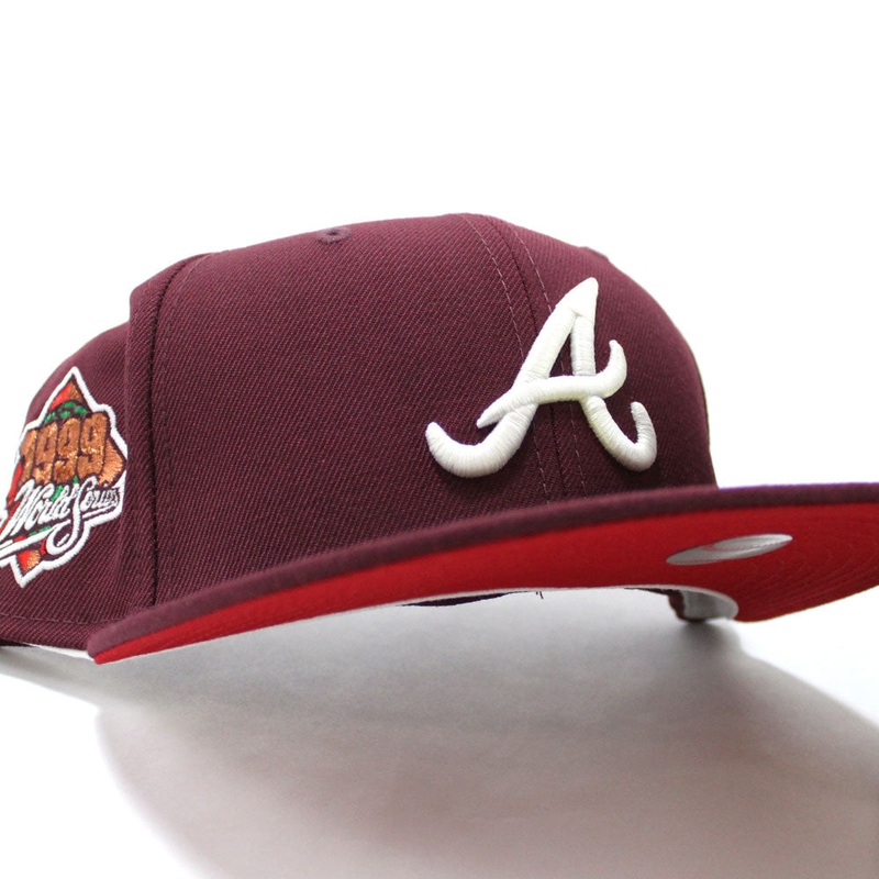 Atlanta Braves 1999 World Series New Era 59Fifty Fitted Hat (Glow in the Dark Logo Maroon Red Under Brim) 7