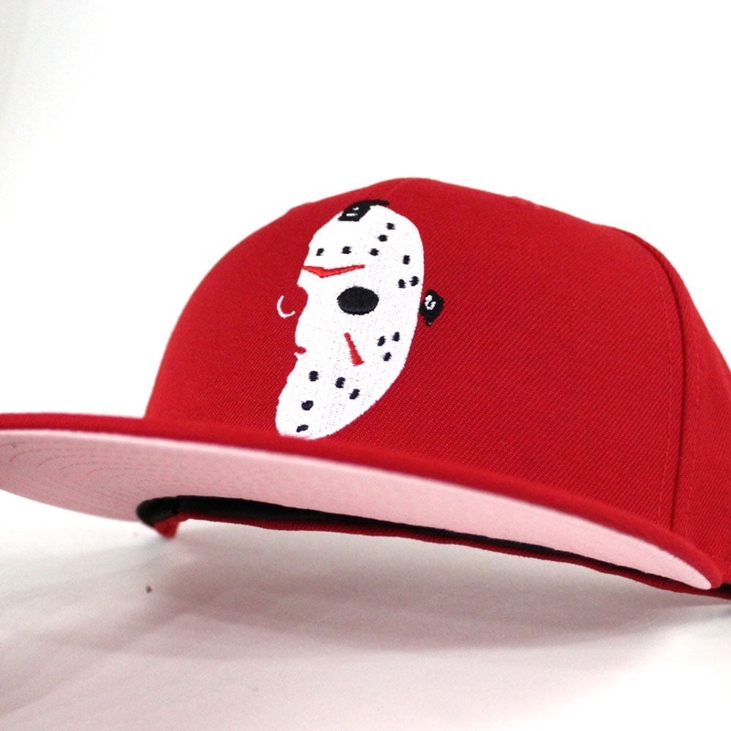 Friday the 13th Jason Head New Era 59Fifty Fitted Hat (Red PINK Under Brim) 7