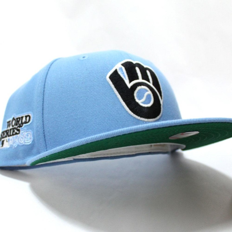 Milwaukee Brewers 1982 World Series New Era 59Fifty Fitted Hat V4 (Glow in the Dark Sky Blue Black Glow in the Dark Logo Green Under Brim) 7