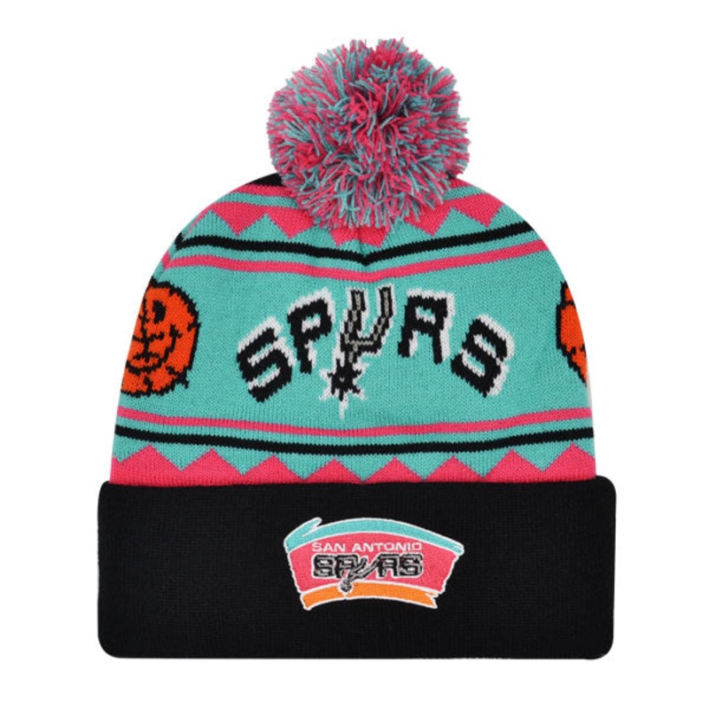 San Antonio Spurs Mitchell & Ness ISLAND Cuffed Pom Beanie Knit NBA Hat – Teal/Pink/Black