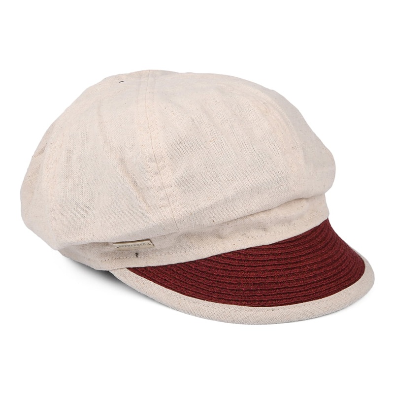 Seeberger Hats Cotton-Linen Baker Boy Cap – Sand-Burgundy M