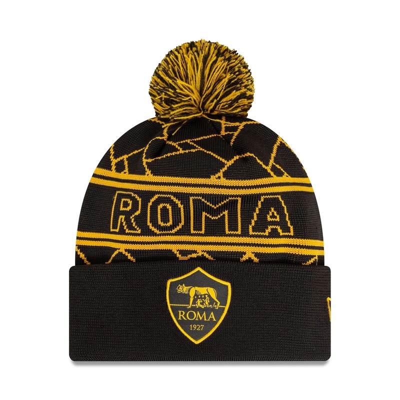 AS Roma Black Sport Knit Beanie Hat Black & Yellow OSFM