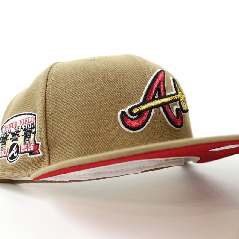 Atlanta Braves Turner Field Final Season New Era 59Fifty Fitted Hat (GITD Khaki Red Under Brim) 7