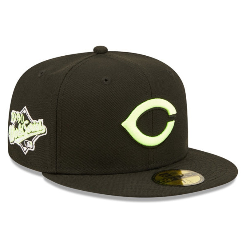 Cincinnati Reds 1990 Exclusive SUPER POP New Era Fitted 59Fifty MLB Hat -Black/Lime 7