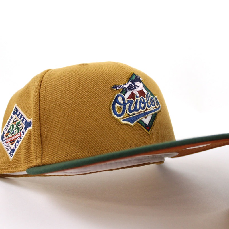 Baltimore Orioles ORIOLE PARK CAMDEN YARDS 25TH ANNIVERSARY 59Fifty New Era Fitted Hat (GITD PANAMA TAN MOUNTAIN PINE GREEN RUST ORANGE Under Brim) 7