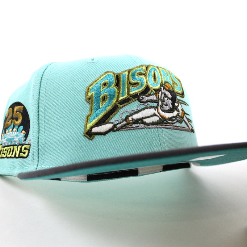 Buffalo Bisons 25TH ANNIVERSARY New Era 59Fifty Fitted Hat (Glow in the Dark BLUE TINT DK GRAPHITE TEAL BREEZE Under Brim) 7