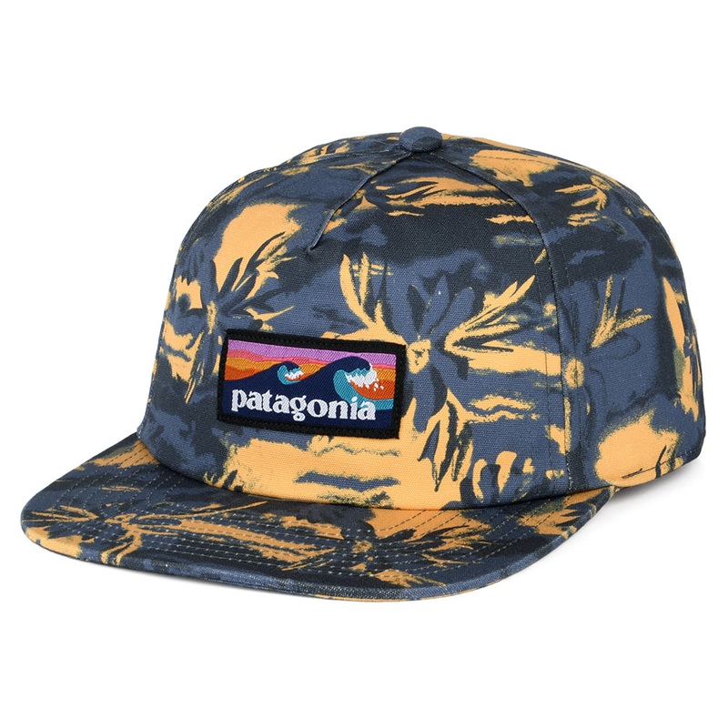 Patagonia Hats Cliffs And Waves Boardshort Label Funfarer Organic Cotton Baseball Cap – Slate Blue-Mustard Adjustable