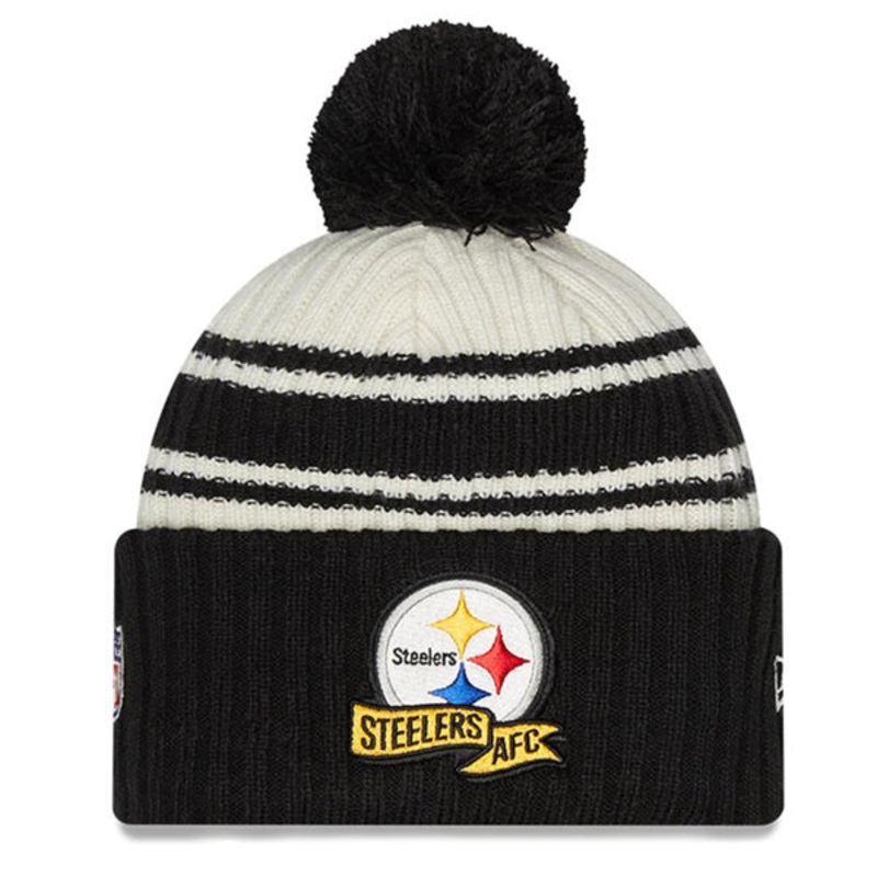 Pittsburgh Steelers New Era 2022 Sideline Sport Cuffed Pom Knit Hat – Cream/Black