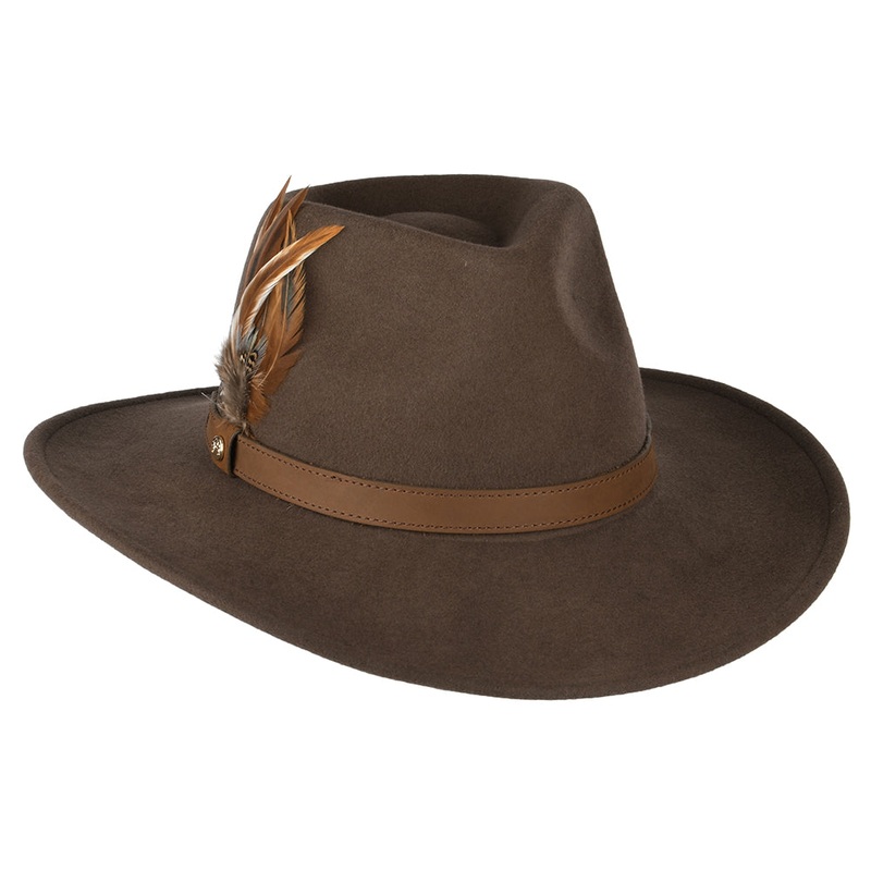 Failsworth Hats Showerproof Wool Felt Outback Hat with Feathers – Brown Small/Medium