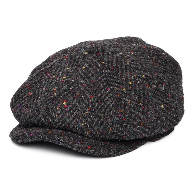 Jaxon & James Heavyweight Donegal Tweed Herringbone Errigal Newsboy Cap – Charcoal-Multi S