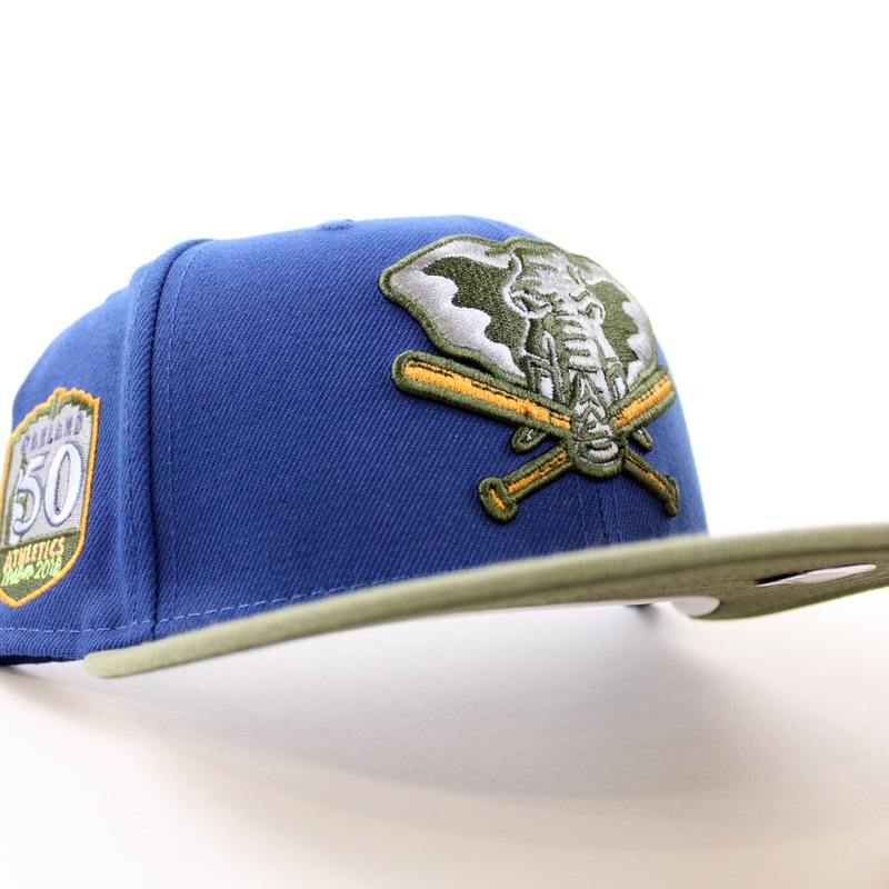 Oakland Athletics 50th ANNIVERSARY New Era 59Fifty Fitted Hat (SONGBIRD BLUE GREEN BARK NEW OLIVE Under Brim) 7