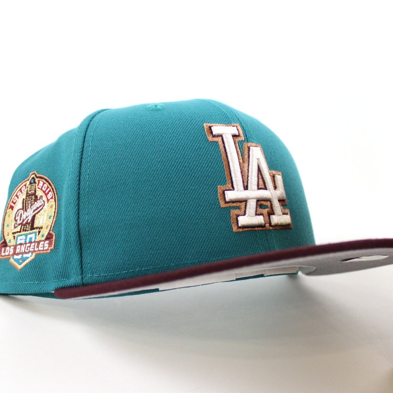 Los Angeles Dodgers 60th Anniversary New Era 59Fifty Fitted Hat (Aqua Maroon Gray Under Brim) 7
