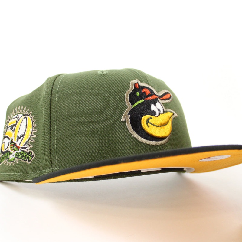 Baltimore Orioles 50TH ANNIVERSARY 59Fifty New Era Fitted Hat (RIFLE GREEN BLACK REG GOLD Under Brim) 7