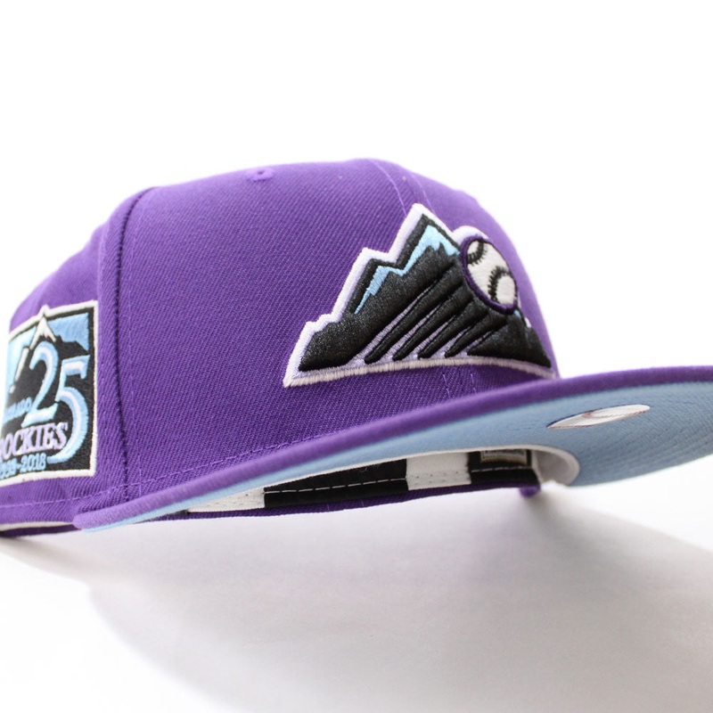 Colorado Rockies 25th Anniversary New Era 59Fifty Fitted Hat (Glow in the Dark Purple Sky Blue Under Brim) 7
