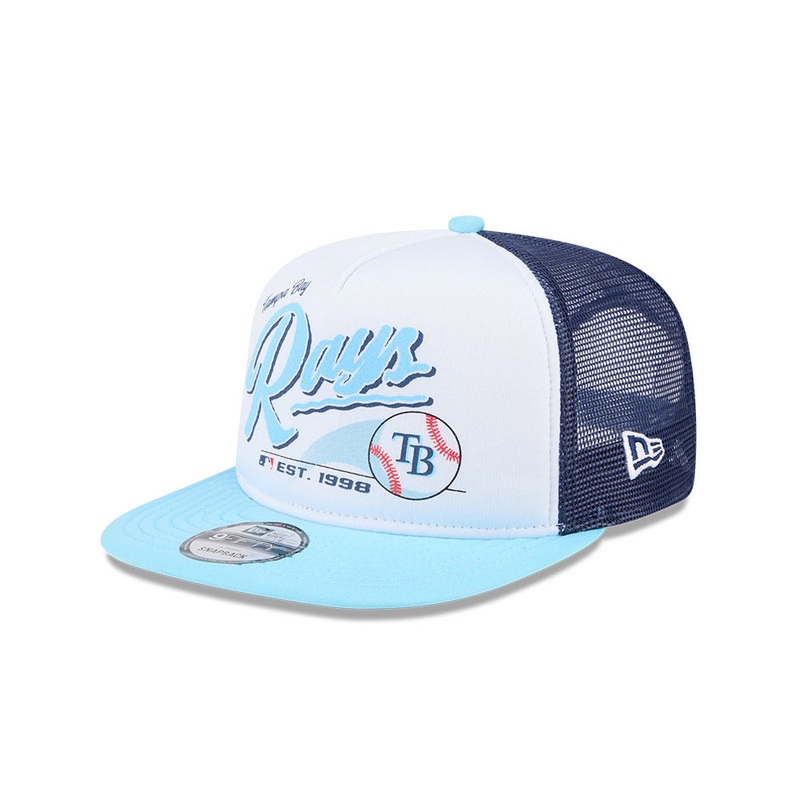 Tampa Bay Rays New Era RETRO SCRIPT 9Fifty A-Frame Mesh Trucker Snapback Hat – Navy/Sky