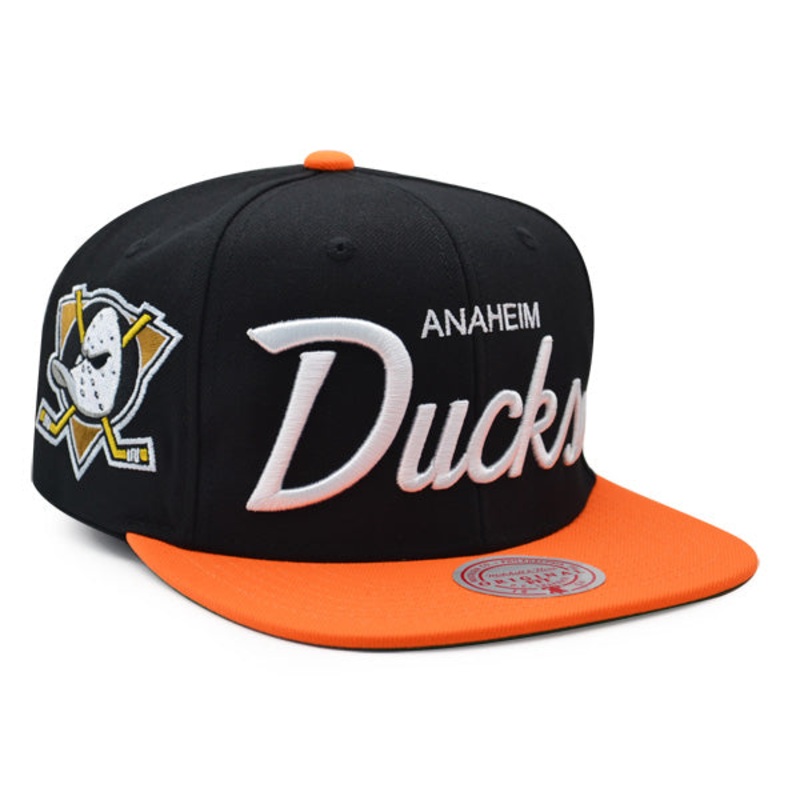 Anaheim Ducks Mitchell & Ness NHL VINTAGE SCRIPT Snapback Adjustable Hat – Black/Orange