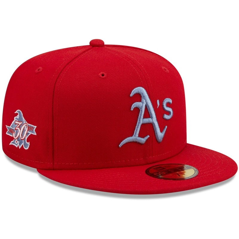 New Era Oakland Athletics Scarlet Red 30 Years Blue Undervisor 59FIFTY Fitted Hat