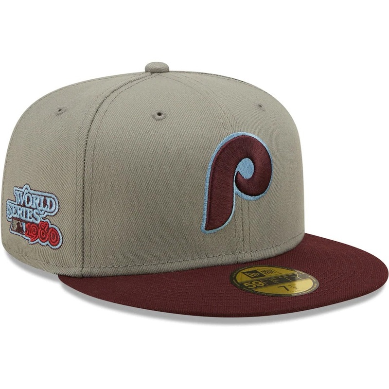 New Era Philadelphia Phillies Misty Maroon 1980 World Series Blue Undervisor 59FIFTY Fitted Hat