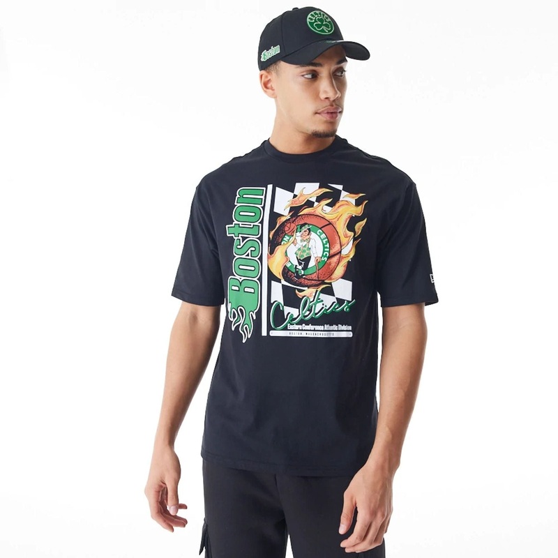 Boston Celtics NBA Flame Print Black Oversized T-Shirt XS