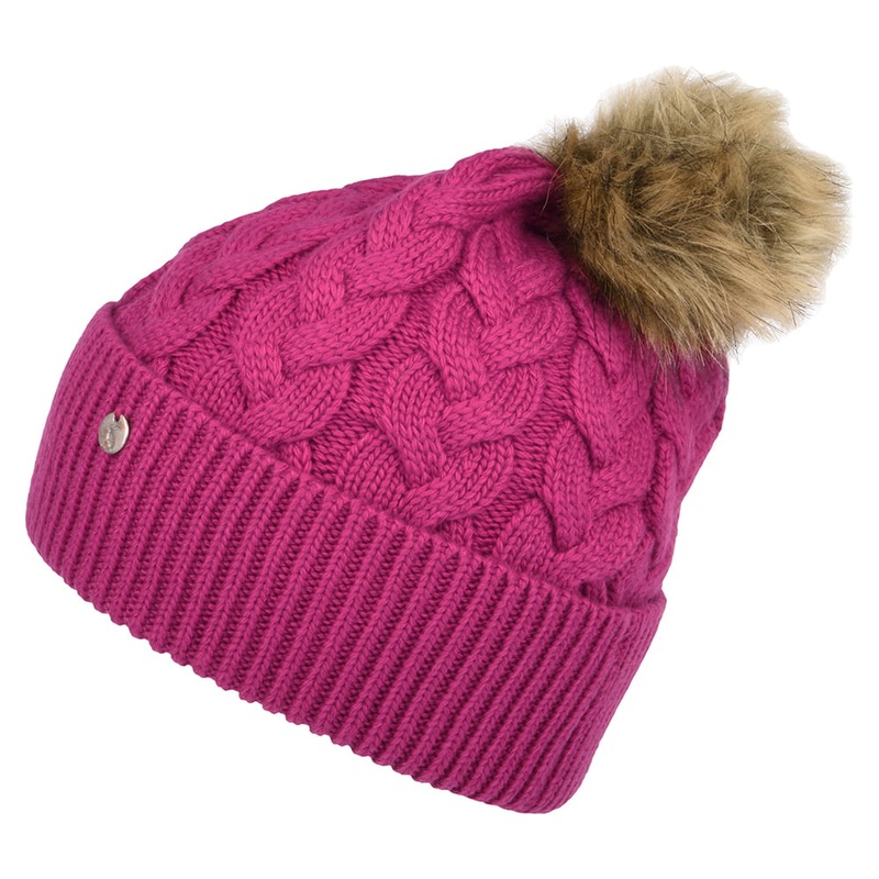Joules Hats Elena Cable Knit Faux Fur Pom Bobble Hat – Pink 1-Size