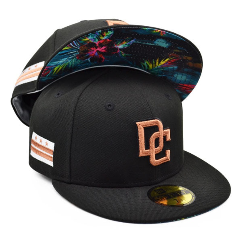 Washington Nationals DC CITY FLAG Exclusive New Era 59Fifty Fitted Hat – Black/Copper/Floral Bottom 6 7/8