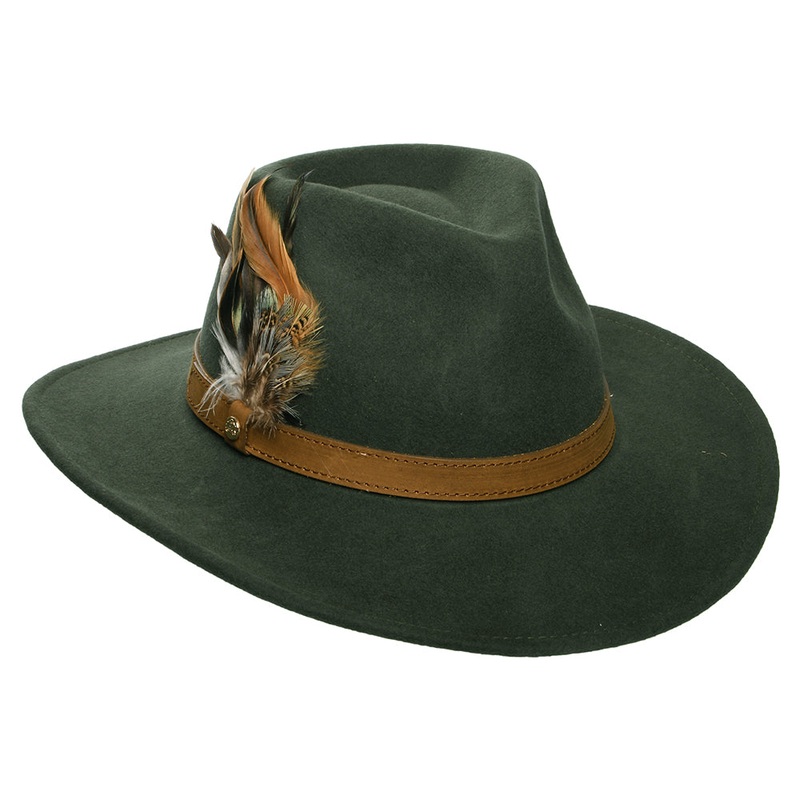 Failsworth Hats Showerproof Wool Felt Outback Hat with Feathers – Olive Small/Medium