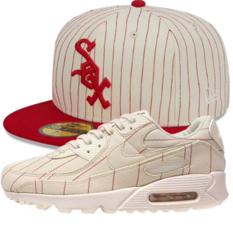 Retro Jersey Script Fitted Hats w/Air Max 90 ‘Pinstripes Natural Chili Red’
