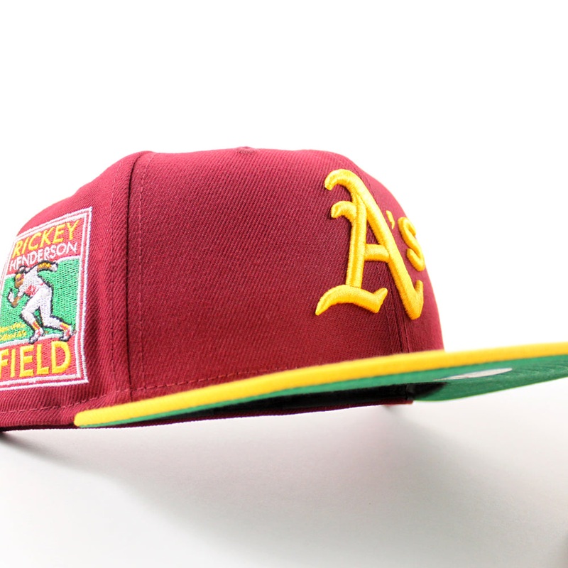 Oakland Athletics Ricky Henderson New Era 59Fifty Fitted Hat (Cardinal Red Gold Green Under Brim) 6 7/8