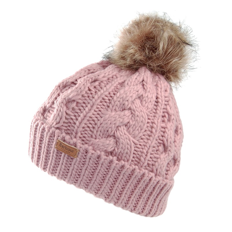 Barbour Hats Penshaw Cable Knit Faux Fur Pom Bobble Hat – Dusky Pink 1-Size