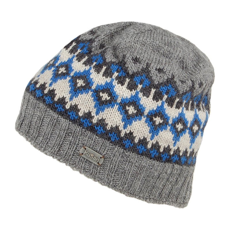 Kusan Hats Fine Gauge Fair Isle Beanie Hat – Grey-Blue 1-Size