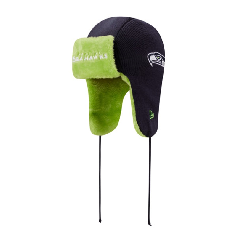 Seattle Seahawks New Era NFL Helmet Head Trapper Knit Hat – Navy/Lime