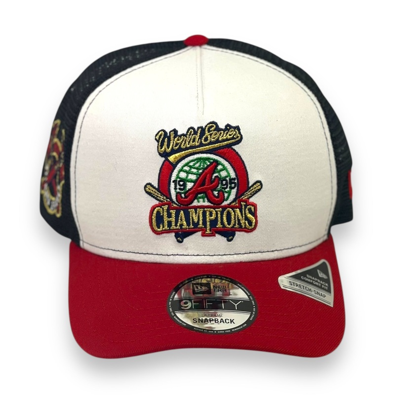 ATLANTA BRAVES (WHITE) (1995 WS CHAMPIONS) TRUCKER MESH AFRAME NEW ERA 9FIFTY SNAPBACK